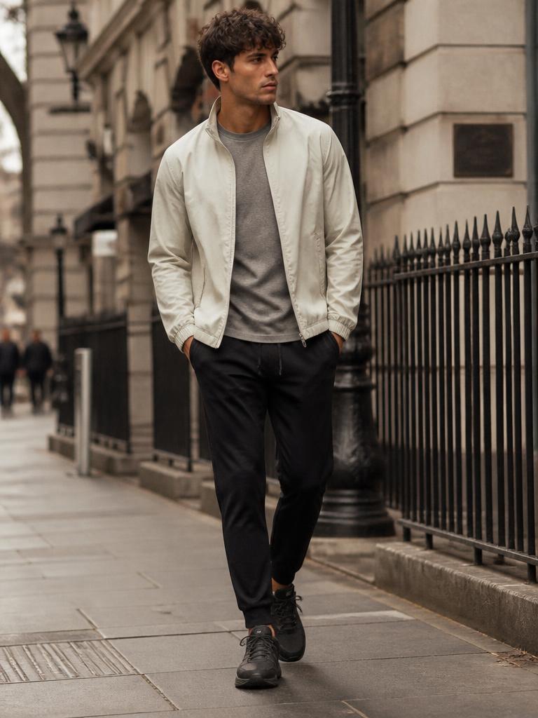 Model walking a windy urban street in an off-white ultralight packable zip jacket