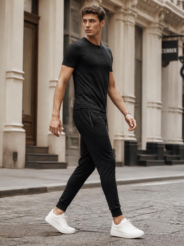 Model striding across a city block in a black tee and black tapered joggers