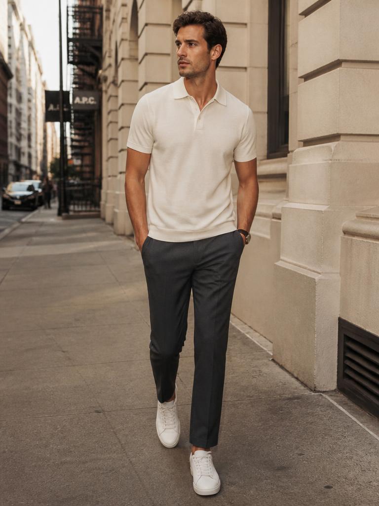 Model walking a city sidewalk in an off-white performance pique polo and charcoal trousers