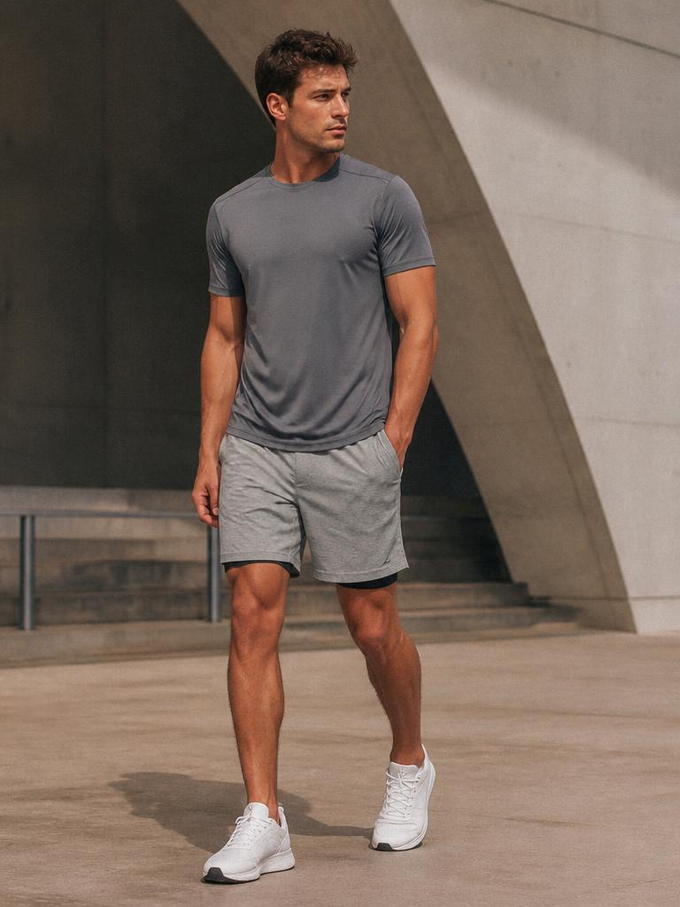Model walking near modern architecture in a grey tee and heather grey lined training shorts