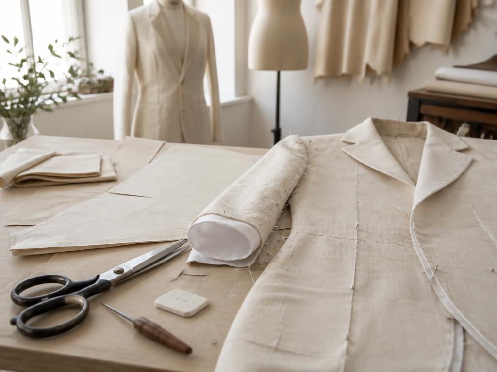 Tailor's cutting table with pattern paper, chalk, shears and a pinned muslin jacket in an airy atelier