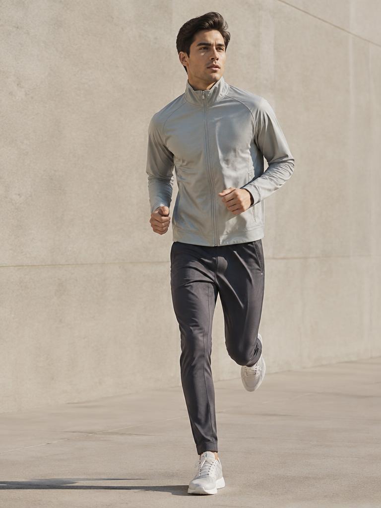 Man jogging in stone track jacket and charcoal joggers
