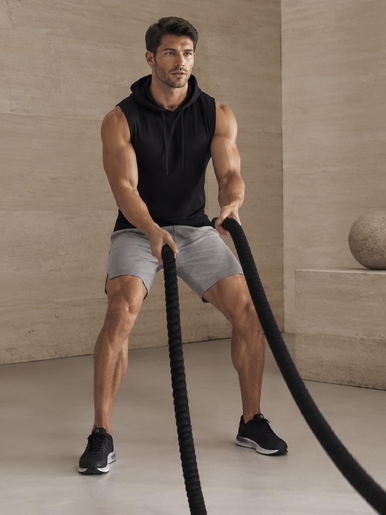 Man training with battle ropes in black sleeveless hoodie and grey shorts