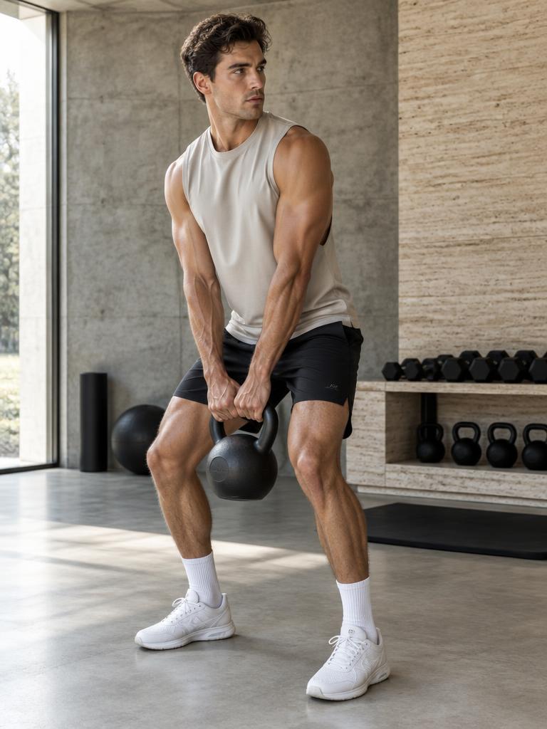 Man lifting a kettlebell in sand tank and black shorts