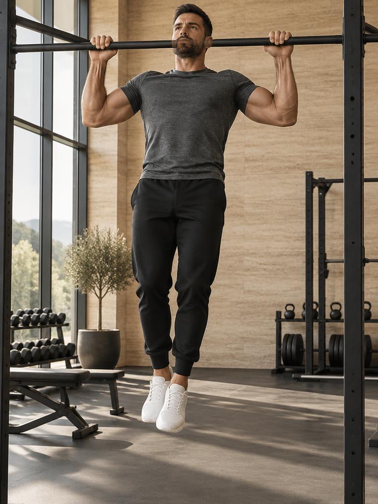 Man doing a pull-up in a charcoal training tee and black joggers in a modern gym
