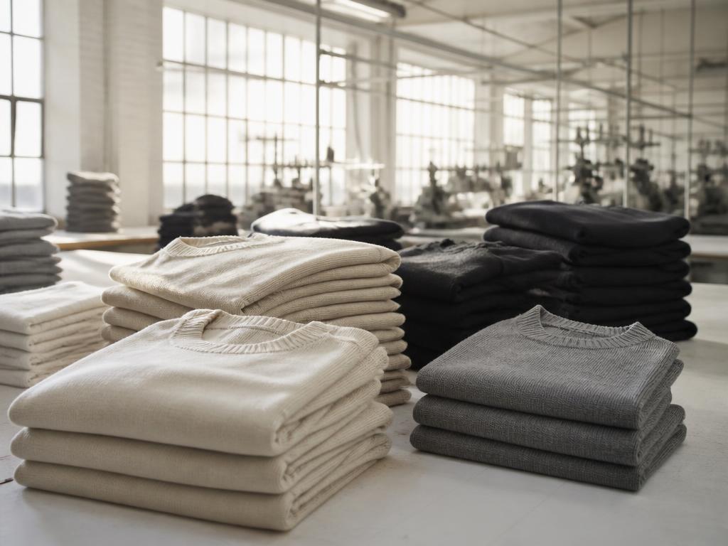 Stacks of folded men's knitwear in neutral tones inside a bright apparel factory