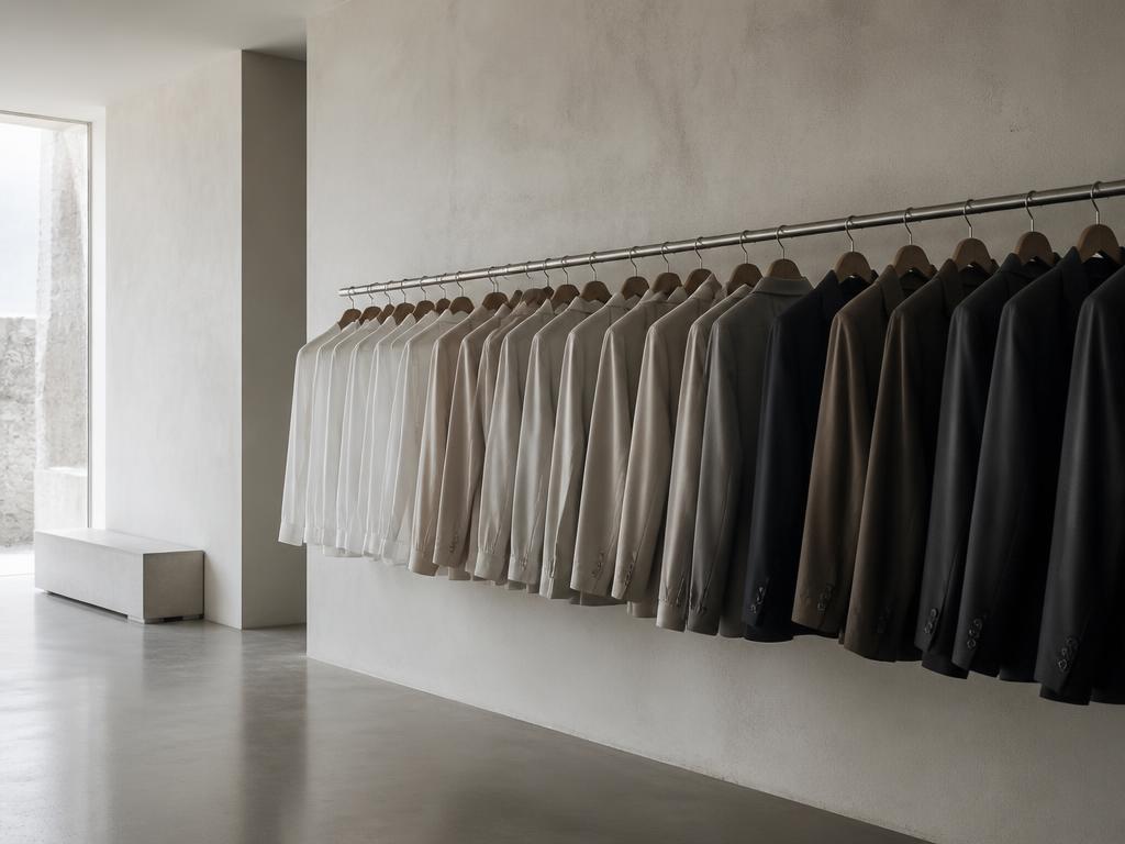 Finished men's jackets and shirts hanging on a long showroom rail against a pale plaster wall